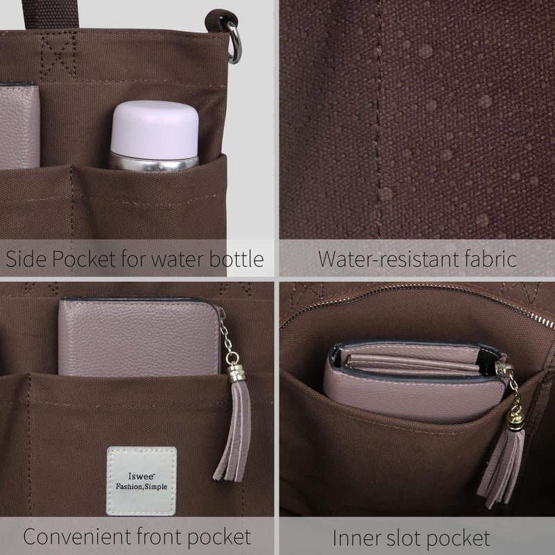 Iswee Canvas Tote Bag with Zipper Multi Pockets Tote Purse for Women Fashion Crossbody Tote Shoulder Bag Handbag Everyday Bag(Coffee) - Image 4